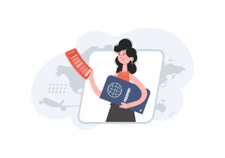 A woman stands waist-deep and holds a passport. Travels. Element for presentations, sites. vector illustrationのイラスト素材