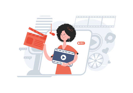 A woman stands waist-deep with an open clapperboard. Blogging. Element for presentations, sites. vector illustrationのイラスト素材