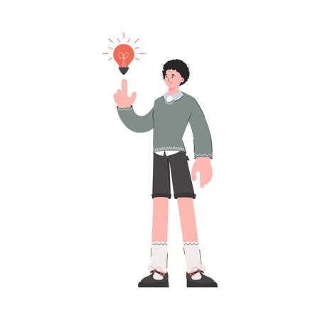 A man stands in full growth with a light bulb. isolated. Element for presentations, sites. vector illustrationのイラスト素材