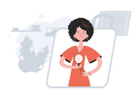 A woman stands waist-deep and holds a light bulb. ideas. Element for presentations, sites. vector...