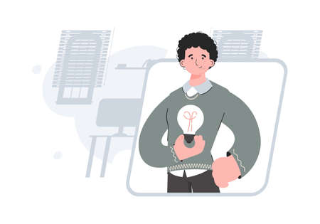 A man stands waist-deep with a light bulb. ideas. Element for presentations, sites. vector...