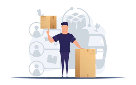 Man with a box. delivery concept. Good for presentations, websites and apps. vector illustration.のイラスト素材