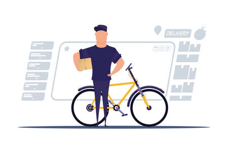 Courier man stands near the bike and holds a box.のイラスト素材
