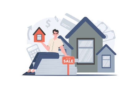 A man sits on a mountain of documents and holds a small house in his hands. Real estate sale concept. trendy style. vector illustration.のイラスト素材