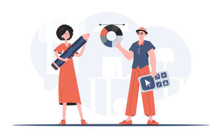 A man and a woman are standing in full growth with a pencil and a designer panel in their hands. design. Element for presentation. vector illustrationのイラスト素材