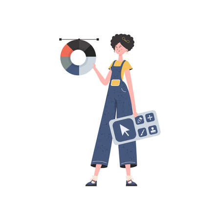 A woman stands in full growth and holds a designer's panel. isolated. Element for presentation. vector illustrationのイラスト素材