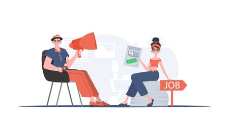 Man with a mouthpiece. A girl with a job test passed. Job search and human resource concept. Trend style, vector illustration.のイラスト素材