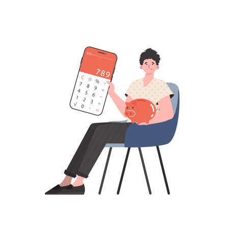 A man sits in a chair and holds a calculator and a piggy bank in his hands. isolated on white background. vector illustration.のイラスト素材