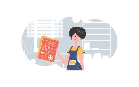 The woman is holding a contract in her hands. The character is depicted to the waist. The concept of concluding contracts. Trend style, vector illustration.のイラスト素材