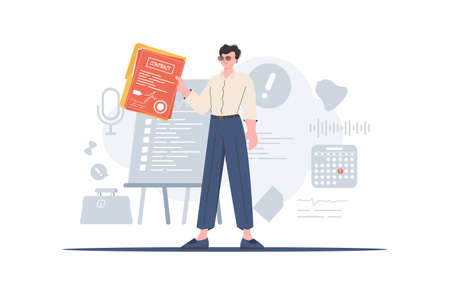 The man is holding a contract. The character is depicted in full growth. The concept of concluding contracts. Trend style, vector illustration.のイラスト素材