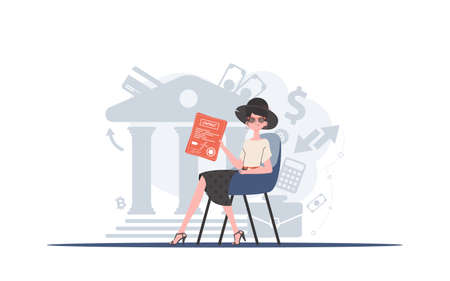 A woman sits in a chair and holds a contract in her hands. The concept of concluding contracts. vector illustration.のイラスト素材
