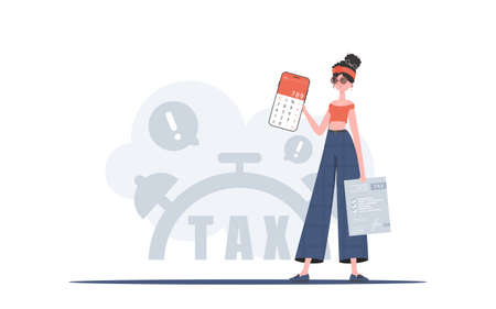 A woman holds a calculator and a tax form in her hands. The concept of payment and calculation of taxes. Vector illustration in a flat style.のイラスト素材