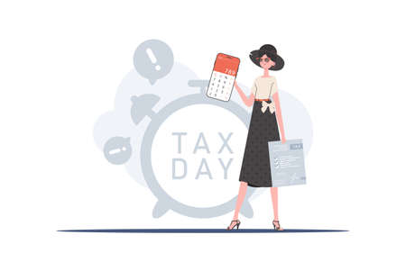 A woman holds a calculator and a tax form in her hands. The concept of payment and calculation of taxes. vector illustration.のイラスト素材