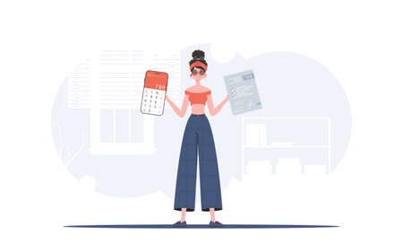 The girl is holding a calculator and a tax form in her hands. The concept of payment and calculation of taxes. Trend style, vector illustration.のイラスト素材
