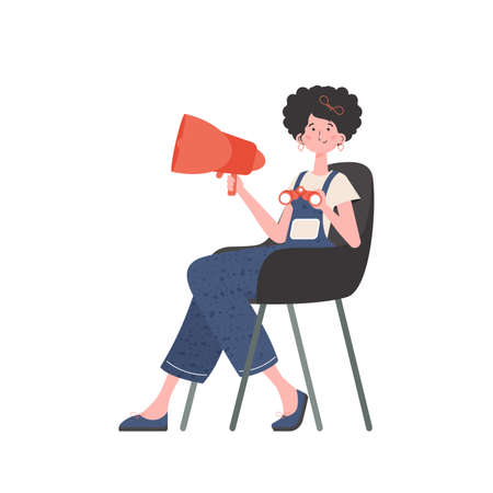 The girl sits in a chair and holds a bullhorn or loudspeaker. isolated. vector illustration.のイラスト素材