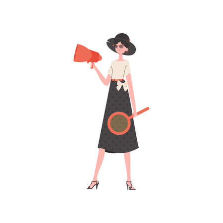 A woman stands in full growth with a magnifying glass and a loudspeaker in her hands. isolated. Element for presentation. vector illustrationのイラスト素材