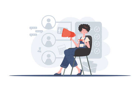 A woman sits on a chair with binoculars. human resource. Element for presentation. vector illustrationのイラスト素材