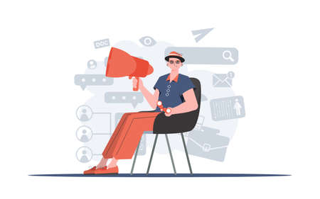 A man sits on a chair with a loudspeaker. human resource. Element for presentation. vector illustrationのイラスト素材