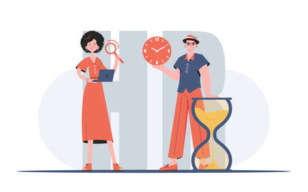 A man and a woman are standing in full growth with a laptop and a watch in their hands. human resource. Element for presentation. vector illustrationのイラスト素材