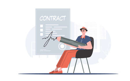 A man sits in a chair to put his signature on a document of cooperation. Partnership. Element for presentation. vector illustrationのイラスト素材