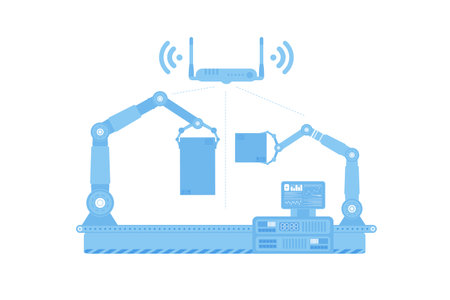 Automatic conveyor line with robotic arm. The concept of the Internet of things and automation. isolated. Vector.のイラスト素材
