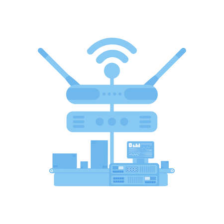 Automatic conveyor line connected to the Internet. IOT and automation concept. isolated. Vector.のイラスト素材
