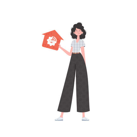 The woman is depicted in full growth, holding an icon of a house in her hands. Internet of things and automation concept. Vector illustration in trendy flat style.のイラスト素材
