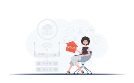 Internet of things and automation concept. The girl sits in a chair and holds an icon of a house in her hands. Good for websites and presentations. Vector illustration in flat style.のイラスト素材