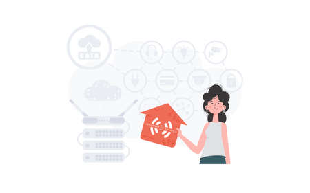 The woman is depicted waist-deep, holding an icon of a house in her hands. Internet of things concept. Good for presentations and websites. Vector illustration in trendy flat style.のイラスト素材