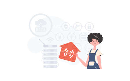 The woman is depicted waist-deep, holding an icon of a house in her hands. Internet of things concept. Good for presentations and websites. Vector illustration in flat style.のイラスト素材