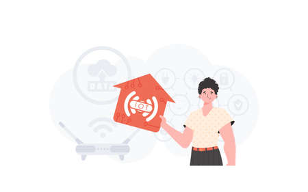 The man is depicted waist-deep, holding an icon of a house in his hands. Internet of things concept. Good for presentations and websites. Vector illustration in flat style.のイラスト素材