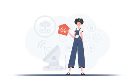 IoT concept. The woman is depicted in full growth, holding an icon of a house in her hands. Good for presentations. Vector illustration in trendy flat style.のイラスト素材
