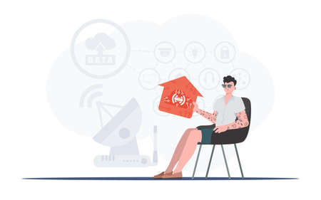 IoT concept. A man sits in an armchair and holds a house icon in his hands. Good for presentations. Vector illustration in flat style.のイラスト素材