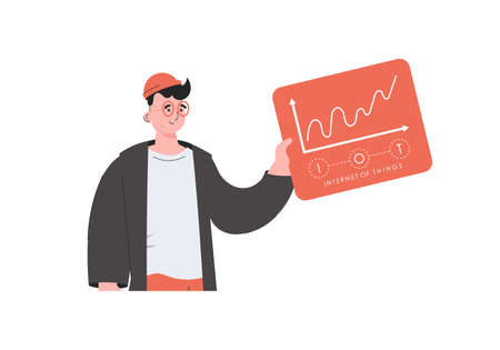 A man holds a panel with analyzers and indicators in his hands. IoT concept. isolated. vector illustration.のイラスト素材