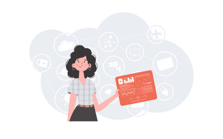 Internet of Things Concept. A woman holds a panel with analyzers and indicators in her hands. Good for websites and presentations. trendy flat style. Vector.のイラスト素材