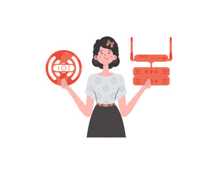 A woman is holding an internet thing icon in her hands. router and server. IOT and automation concept. isolated. Vector illustration in trendy flat style.のイラスト素材