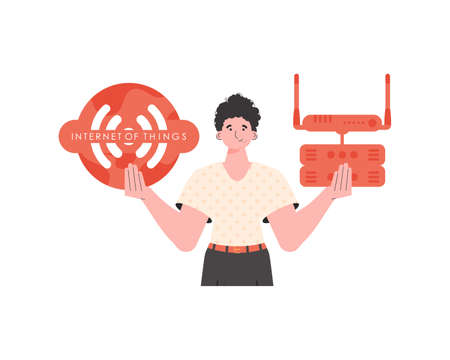 A man holds the internet of things logo in his hands. router and server. IoT concept. isolated....