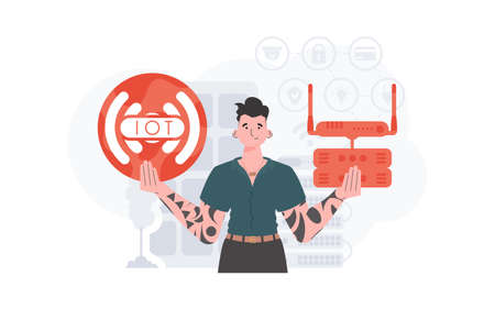 IoT concept. A man holds the internet of things logo in her hands. router and server. Good for websites and presentations. trendy flat style. vector illustration.のイラスト素材