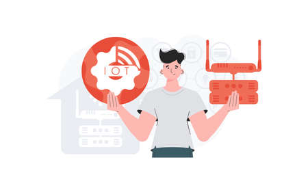 Internet of things and automation concept. A man is holding an internet thing icon in her hands. router and server. Good for presentations and websites. Vector illustration in flat style.のイラスト素材