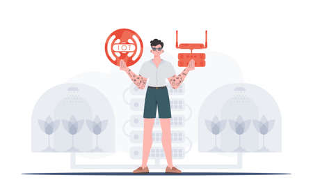 Internet of things concept. A man is holding an internet thing icon in her hands. router and server. Good for presentations and websites. trendy flat style. vector illustration.のイラスト素材