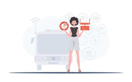 IoT concept. A woman holds the internet of things logo in her hands. router and server. Good for websites and presentations. trendy flat style. vector illustration.のイラスト素材