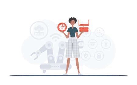 Internet of things and automation concept. A woman is holding an internet thing icon in her hands. router and server. Good for presentations and websites. Vector illustration in trendy flat style.のイラスト素材