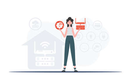 Internet of things and automation concept. A woman is holding an internet thing icon in her hands. router and server. Good for presentations and websites. trendy flat style. vector illustration.のイラスト素材