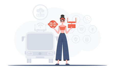 Internet of things and automation concept. A woman is holding an internet thing icon in her hands. router and server. Good for websites and presentations. Vector illustration in flat style.のイラスト素材