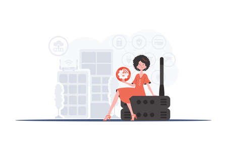 Internet of things concept. A woman holds the internet of things logo in her hands. router and server. Good for presentations and websites. Vector illustration in trendy flat style.のイラスト素材