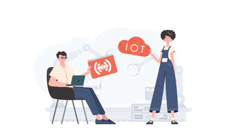 The girl and the guy are a team in the field of the Internet of things. IoT concept. Good for websites and presentations. trendy flat style. Vector.のイラスト素材