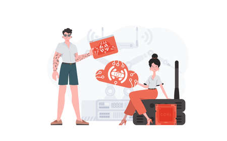 IoT concept. The girl and the guy are a team in the field of IoT. Good for presentations and...