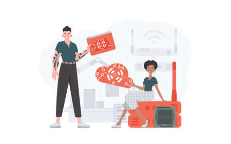 A man and a woman are a team in the field of the Internet of things. Internet of things concept. Good for websites and presentations. Vector illustration in trendy flat style.のイラスト素材