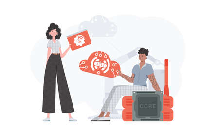 A man and a woman are a team in the field of the Internet of things. IoT concept. Good for presentations and websites. trendy flat style. Vector.のイラスト素材