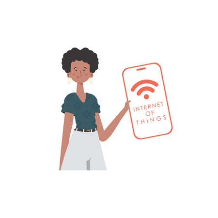 A woman holds a phone with the IoT logo in her hands. Internet of things and automation concept....